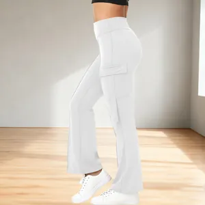 Detailed view of white high-waisted yoga cargo pants featuring a functional side pocket