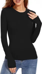Camiseta de manga larga negra para mujer de corte ajustado con cuello redondo básico suave