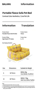Detailed view of a portable yellow checkered terry velvet pet sofa bed with a size chart.