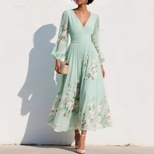 Women V-Neck Long Sleeve Floral Digital Print Pleated Maxi Dress Elegant Polyester Streetwear Office Commute Long Dress