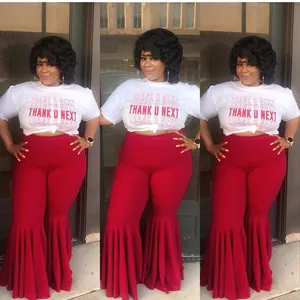 Full three-panel view of women's sexy burgundy high waist ruffle hem flared pants.