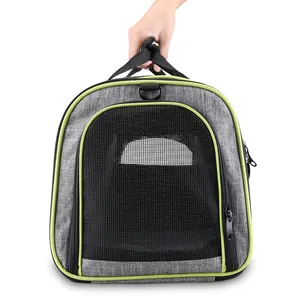Hand-held gray pet carrier with breathable black mesh and lime green trim details