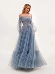 Women's Off-The-Shoulder Mesh Long Sleeve Wedding Dress Elegant Tulle A-Line Long Gown For Wedding Party Banquet Princess Dress