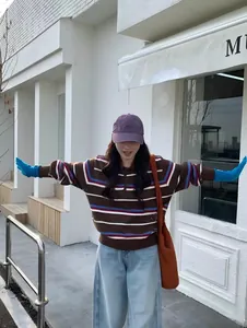 Pull en tricot à rayures avec col Polo pour femmes de style coréen automne hiver