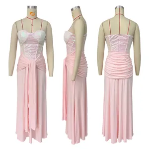 Detailed front, side and back views of pink sequined strapless dress with draped skirt