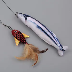 Realistic plush fish and brown feather cat toy replacement attachments for wand sticks