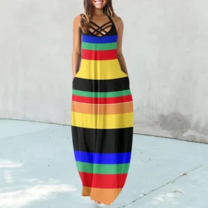 Vibrant rainbow striped sleeveless maxi dress featuring pockets and cross neck design
