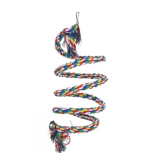 Detailed view of a colorful spiral cotton rope climbing toy for parrots with a bell