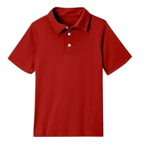 Detailed view of a premium kids red short sleeve polo shirt with clean button placket