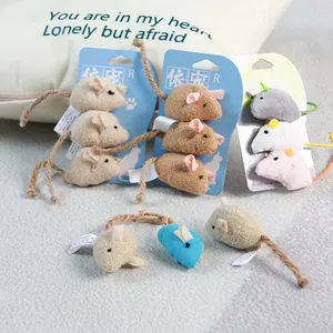 Set of colorful plush mouse cat toys with durable rope tails for interactive play.