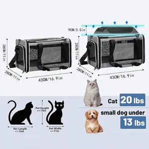 Breathable gray Oxford cloth pet carrier with size dimensions for cats and dogs.