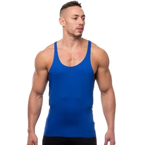 Athletic royal blue stringer tank top on muscular male model for gym fitness training