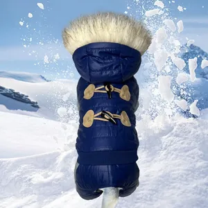 Warm blue dog winter jacket with faux fur hood and classic horn buttons.