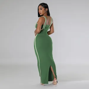 Sexy green bodycon maxi dress set with white piping and back slit detail