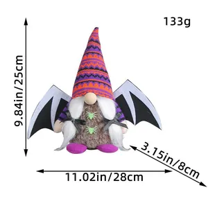 Halloween bat wing gnome plush toy with dimensions shown on a clear white background.