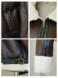Detailansichten einer braunen Wildlederjacke mit dickem weißem Sherpa-Lammfellfutter