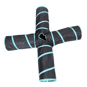 Durable foldable 4-way cat tunnel toy for indoor pets black and blue polyester channel