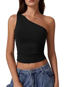 Damen Sexy Ein Schulter Gerafftes Crop Top Sommer Ärmellos Einfarbig Slim Fit Tank Top Modisches Polyester Lässiges T-Shirt