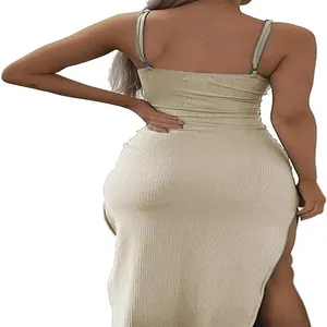 Detailed back view of a beige sleeveless ribbed knit bodycon midi dress featuring a side slit
