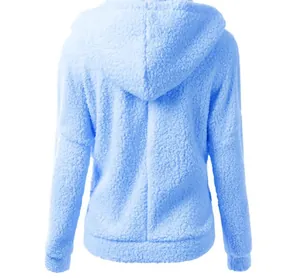 Detailed back view of a light blue sherpa fleece hooded jacket with soft fuzzy texture