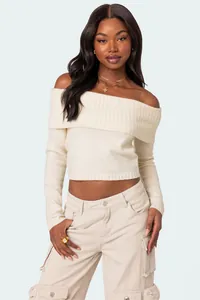Elegant off-the-shoulder cream knitted long sleeve sweater top for women spring fashion