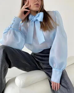 Detalle de blusa de organza azul claro transparente con lazo elegante y mangas abullonadas