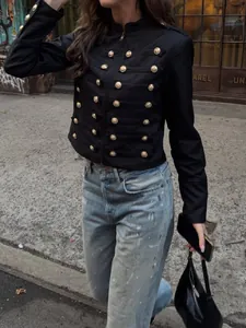 Veste courte noire de style militaire vintage avec col montant et boutons dorés