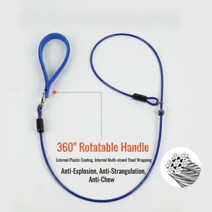 Detailed view of blue heavy-duty steel wire dog leash featuring a 360-degree rotating padded handle