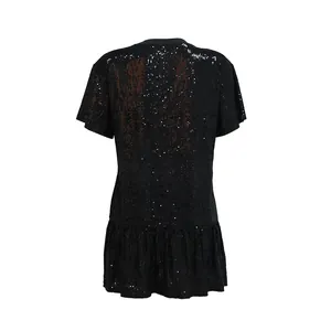 Sparkly black sequined short sleeve mini dress featuring a stylish ruffled hem design