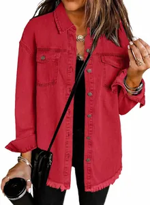 Fashionable red washed denim shirt jacket for women with frayed hem and chest pockets