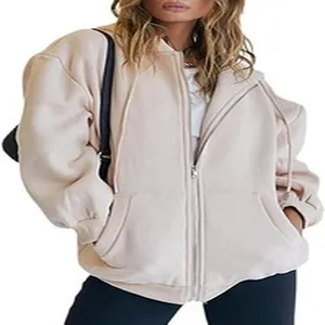 Damen Oversize Kapuzenjacke mit Reißverschluss in Apricot für lässigen Herbst-Style.