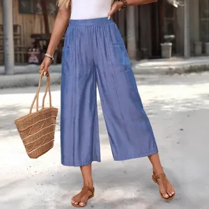 Summer casual high waist loose wide leg cropped culottes with side pockets in light blue