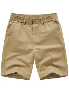 Short décontracté d'été kaki pour homme avec taille élastique en coton lavé doux