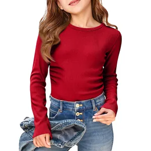 Close-up detail of girls red ribbed long sleeve T-shirt with comfortable elastic fit