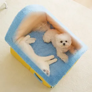 Large enclosed soft plush pet bed for cats and small dogs in blue and yellow