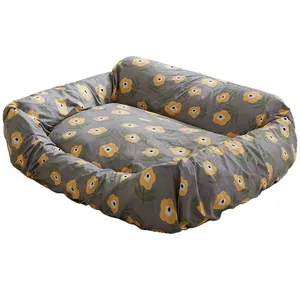 Premium removable floral pet bed cover for dogs and cats with yellow flower print pattern