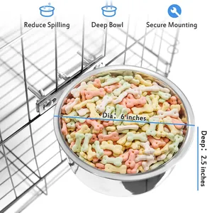 Detailed view of 6-inch hanging stainless steel pet bowl for cages with dimensions.