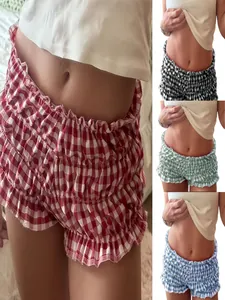 Women Casual Plaid Gingham Shorts Stylish Sexy Low Waist Ruffle Hot Pants Polyester European Streetwear Shorts For Dance