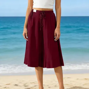 Burgundy wide-leg culottes pants for women, stylish loose beach capris with drawstring waist