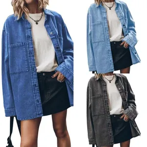 Women Vintage Oversized Denim Shirt Retro Washed Cotton Button Down Blouse With Big Pockets Casual Long Sleeve Top