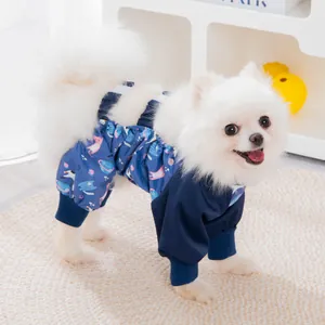 Waterproof blue dog dust pants for small dogs featuring cute cat pattern jumpsuit