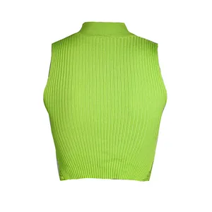 Detail view of neon green ribbed knit sleeveless crop top with mock neck