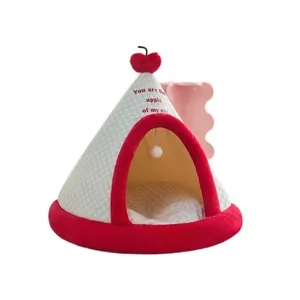 Cozy enclosed pyramid cat tent bed with cherry plush top and blue checkered pattern fabric