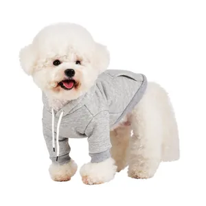Close-up detail of a gray hooded pet sweatshirt featuring white drawstrings for dogs