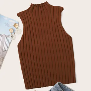Close-up of brown ribbed knit mock neck sleeveless top with high-quality texture
