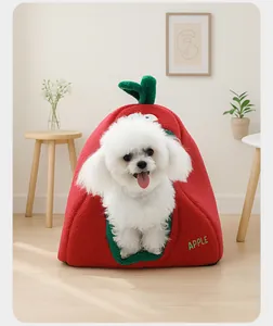 Cama cerrada para mascotas con forma de manzana roja en tela de felpa suave para perros