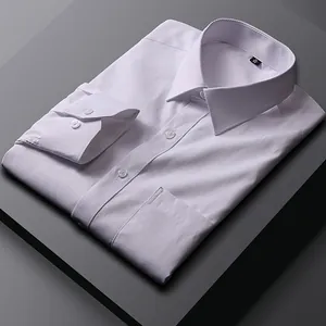 Classic white long-sleeved men's dress shirt with twill texture and pointed collar