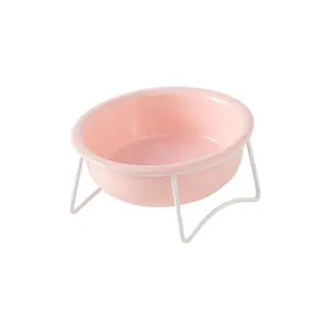 Bol surélevé en céramique rose pour animaux avec support en métal blanc pour chats