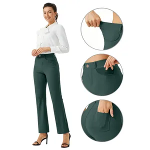 Detailed view of women's dark green elastic waist trousers with multiple pockets