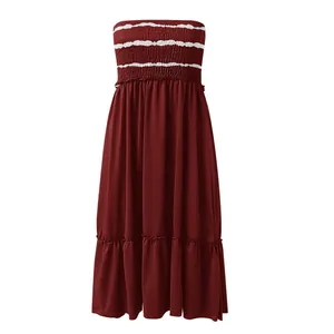 Elegant burgundy strapless smocked maxi dress with white striped bust and ruffled tiered hem